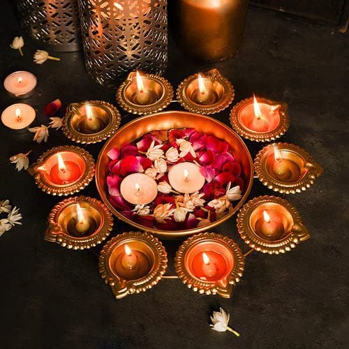 Urli Bowl with Flower Shape Diya Diwali Decoration🪔 (Gold Plated)