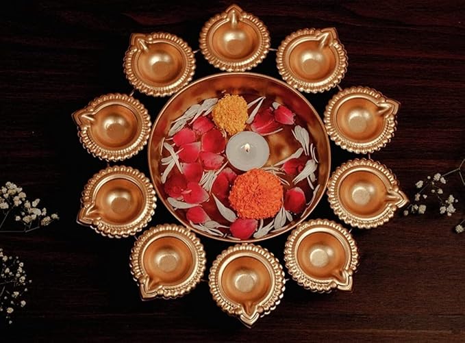 Urli Bowl with Flower Shape Diya Diwali Decoration🪔 (Gold Plated)