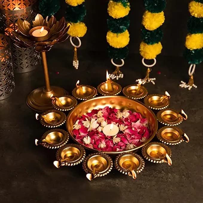 Urli Bowl with Flower Shape Diya Diwali Decoration🪔 (Gold Plated)