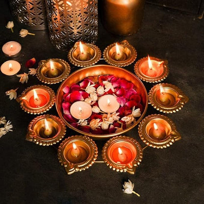 Urli Bowl with Flower Shape Diya Diwali Decoration🪔 (Gold Plated)