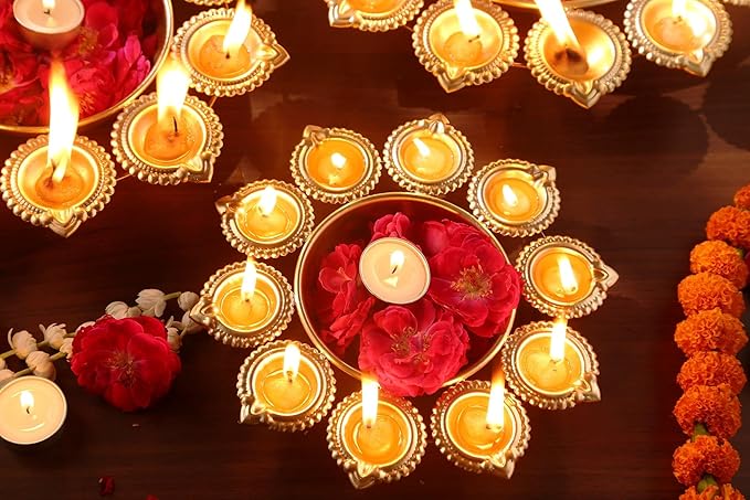 Urli Bowl with Flower Shape Diya Diwali Decoration🪔 (Gold Plated)